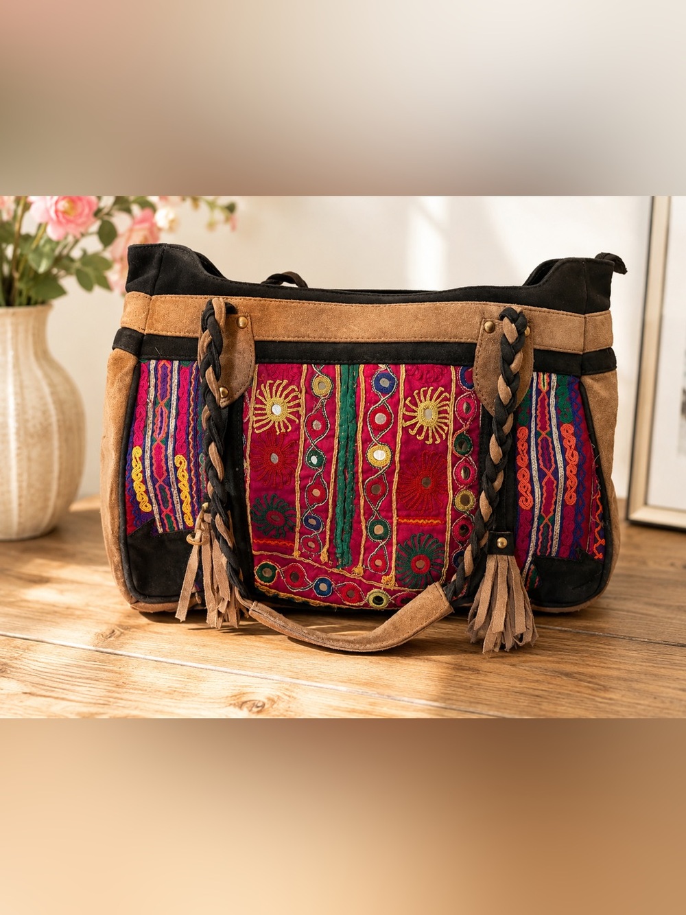 Vintage Addiction Boho Embroidered Suede Tote Bag